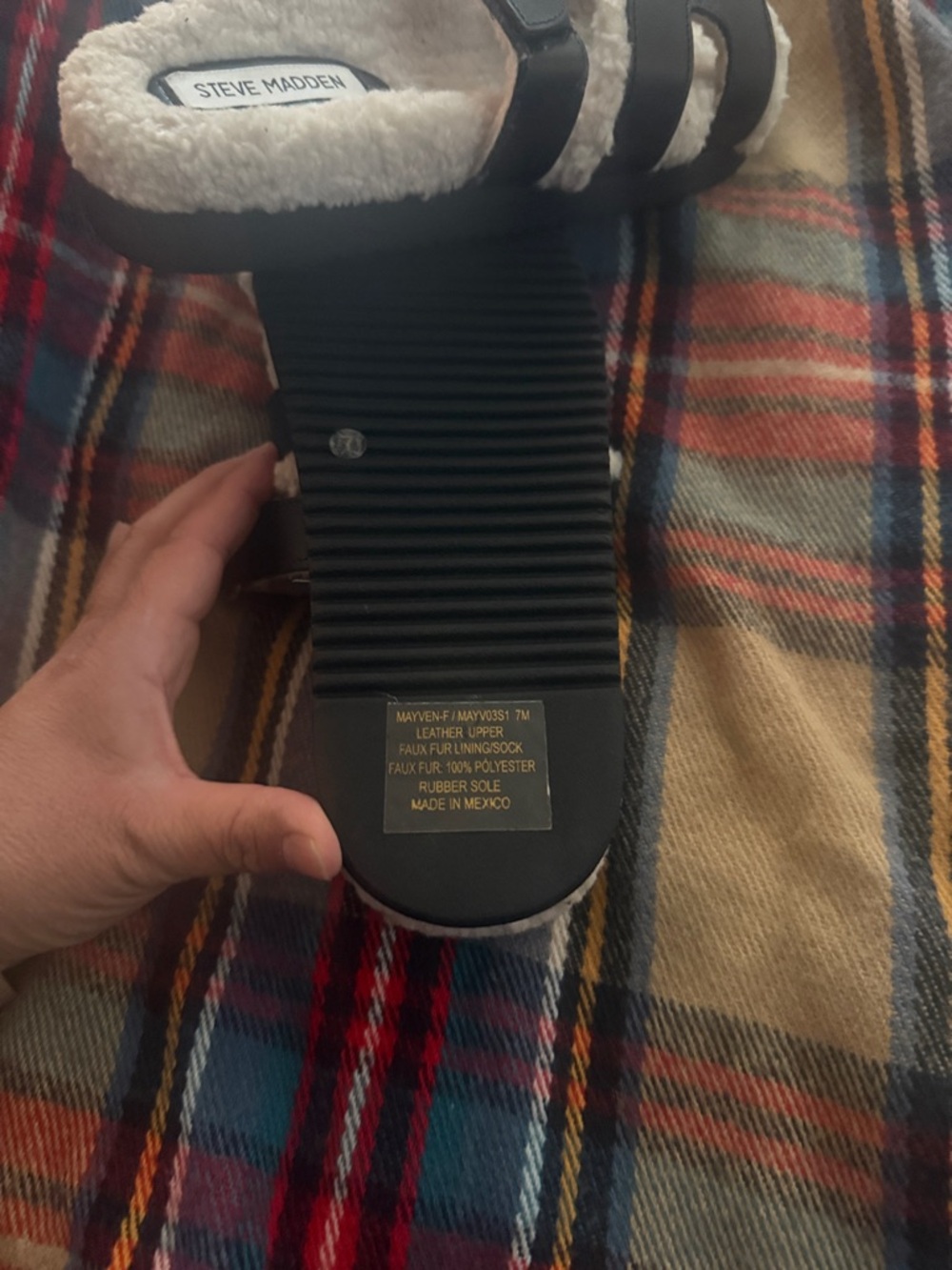 Steve Madden Black and Cream Fuzzy Slide Sandals - Picture 5 of 5